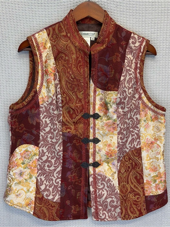 Coldwater Creek Jackets & Blazers - Patchwork Vest Burgundy Gold Hook Closure Sz Med Coldwater Creek Boho Artisan